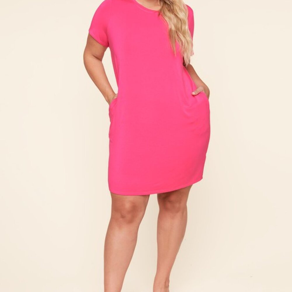 Classic Summer Jersey Dress w/ Pockets - Fuschia - Picture 2 of 3